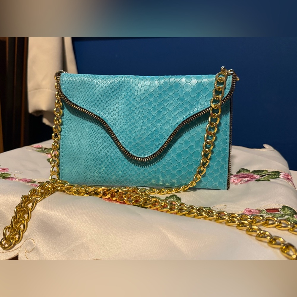 Turquoise Snake-Texture Clutch with Gold Chain Strap